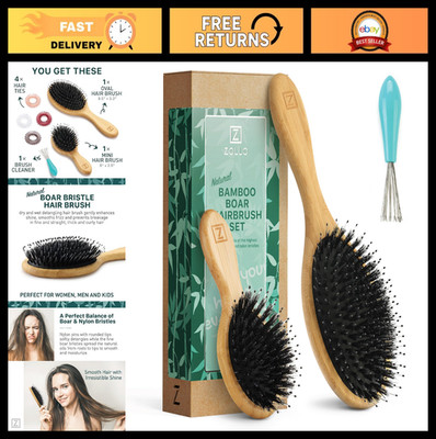 Natural Boar Bristle Hair Brush Set - Detangling Brushes for All Hair Types, Tra
