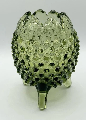 Vintage Fenton Olive Green Hobnail Egg Shaped Vase Tri Footed (z644)