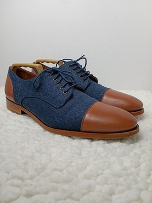 TAFT The Jack Blue Canvas Upper Cognac Leather Cap Toe Mens 11 Oxford Dress Shoe