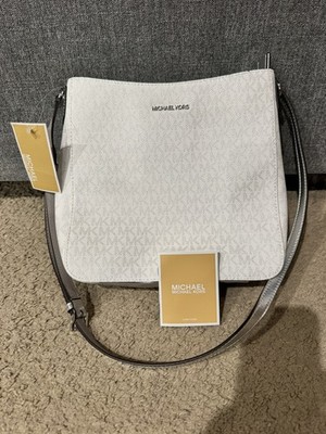 NWT MICHAEL KORS JET SET TRAVEL LARGE Messenger Bag Optic White Silver Signature