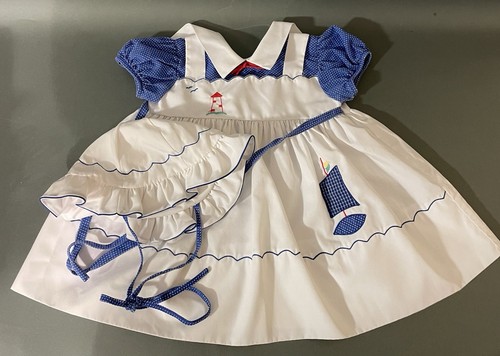Toddler Pinafore Dress Nautical Sailboat Lighthouse Polka Dots Hat Size 2 1980s