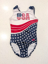 TEAM USA GK Elite AM Medium Gymnastics Dance Leotard Olympic STARS STRIPES FLAG
