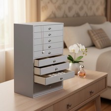 Spacious Jewelry Organizer Box with 10 Compartments and Mirror - Luxurious Grey