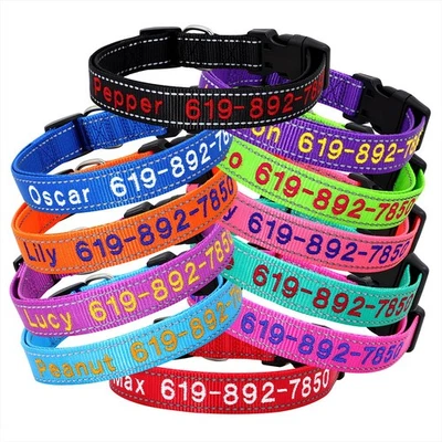 BRANDED Personalised Embroidered Dog Collar Custom Name Phone Number Nylon Reflective ID
