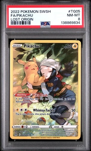 2022 POKEMON SWORD & SHIELD LOST ORIGIN #TG05 FULL ART/PIKACHU PSA 8