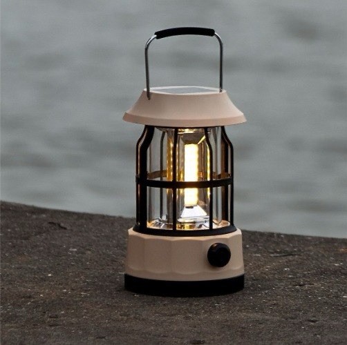LED Battery Powered Cordless Camping Lantern w/ Handle Protective Cage Beige