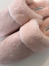 Coach Pink Shearling Mule Slippers Women s 8B Signature Suede House Shoes