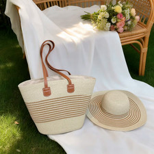 Women Woven Straw Tote Bag Matching Cap Set Large Capacity Shoulder Handbag