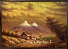 Pintura al óleo O. Moncayo 22x16 paisaje pastor de montaña arte popular enmarcado