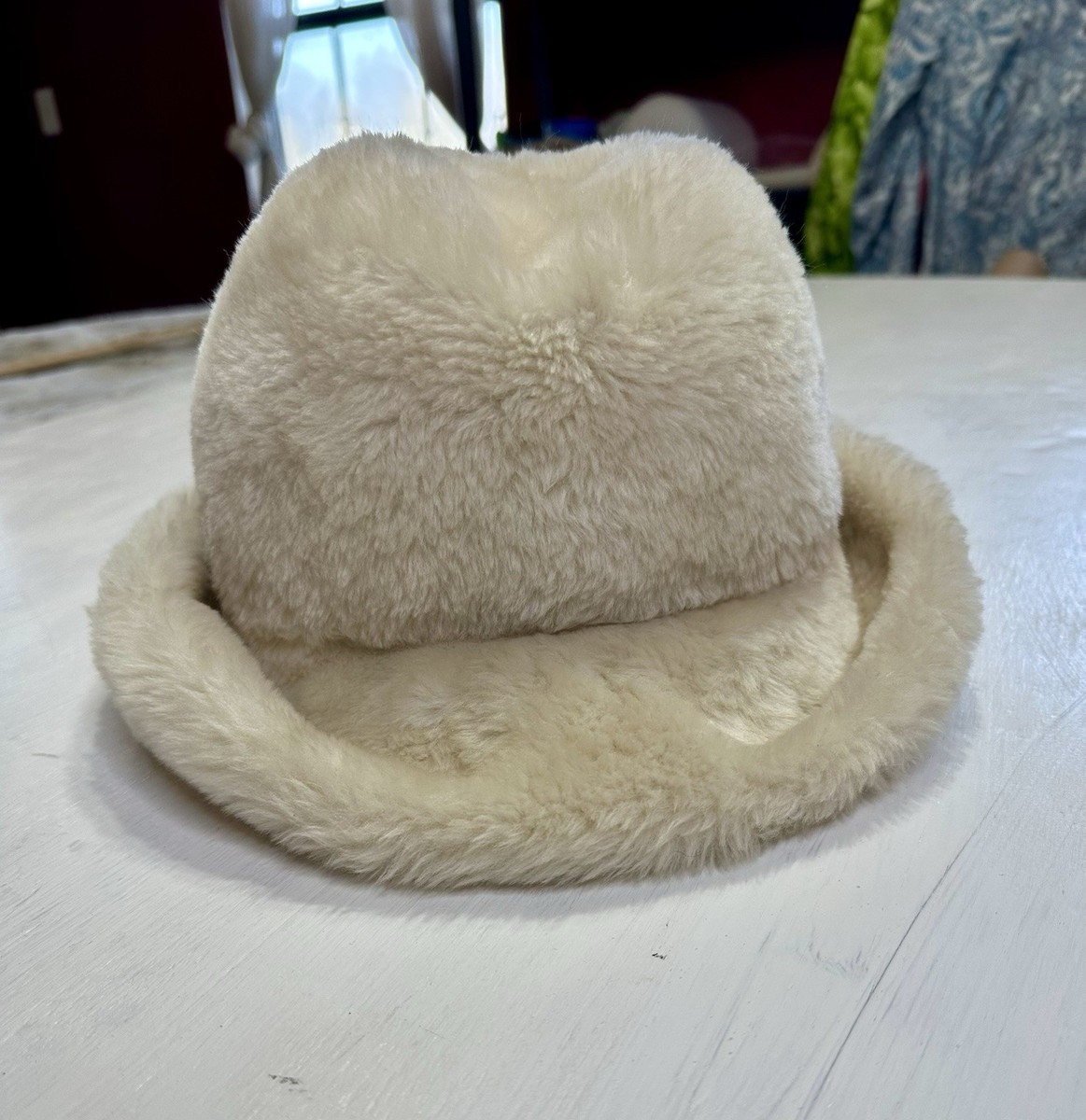 Vintage 1970s KÅPS Faux Fur Cloche Hat Cream USA Made Asymmetrical Brim View 3