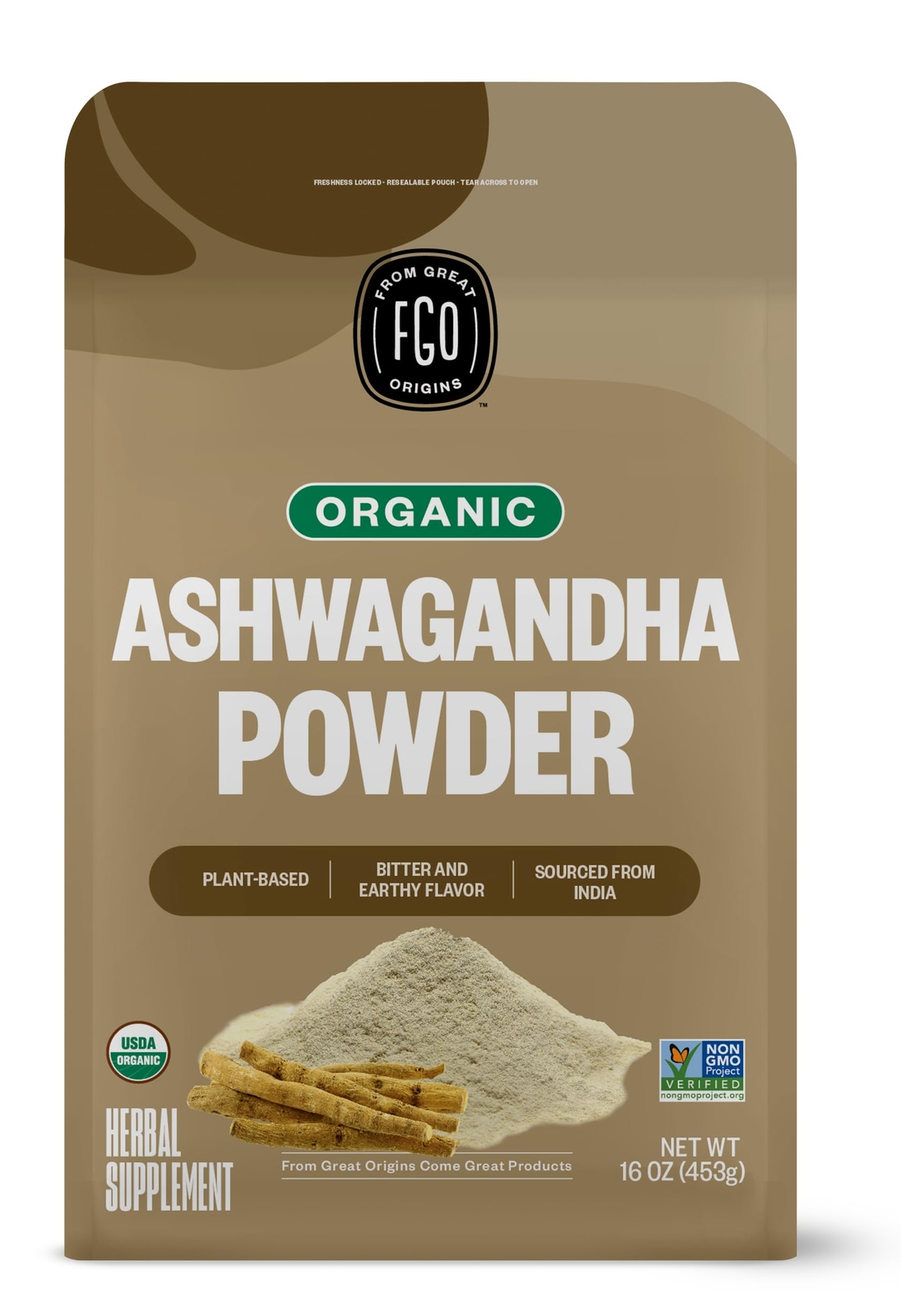 Organic Ashwagandha Root Powder 16oz Resealable Bulk Bag Non-GMO Indian Ginse...
