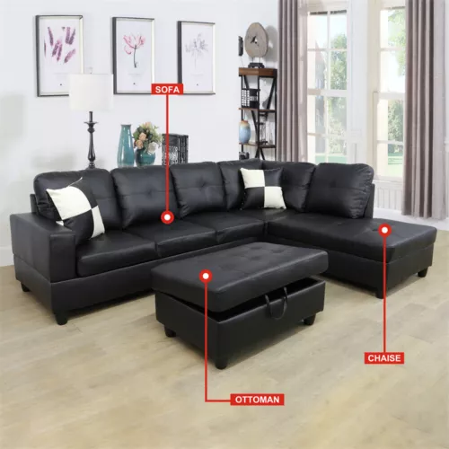 Black Faux Leather 3-Piece Couch Living Room Sofa Set Modern L-Shaped Sofa - Picture 2 of 21