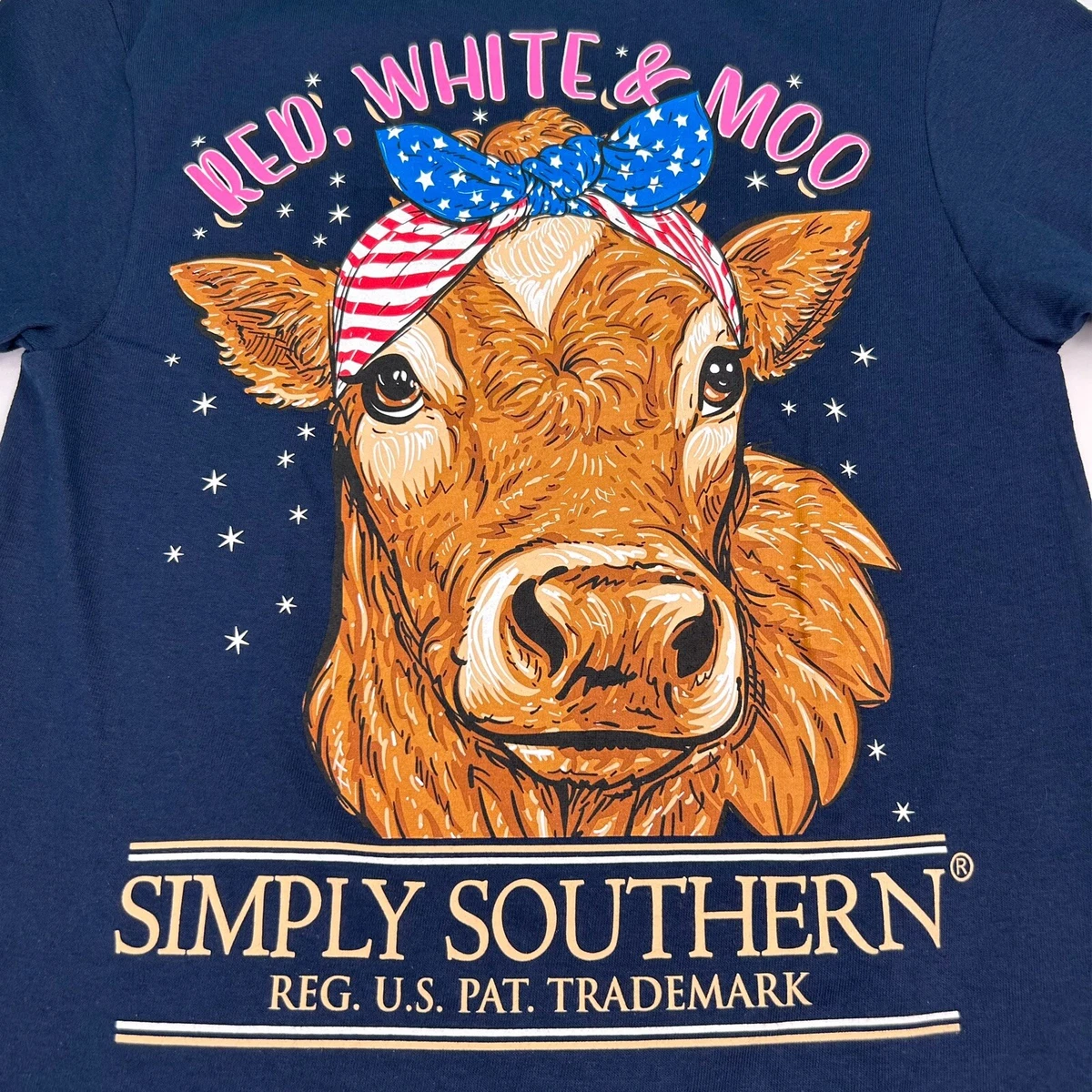 Simply Southern T Shirt Womens Small Cow Patriotic Blue Red White