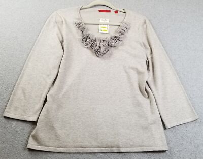 NEW RED Top Women s Large L Gray ¾ Sleeves V Neck Floral Rosettes Stretch Knit