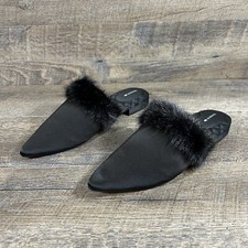 Birdies The Dove Onyx Black Slip On Fur Cuff Pointed Toe Slides Mules Flats