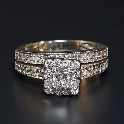 14K White Gold Princess Cut Pave Diamond Engagement Ring Wedding Band  Set