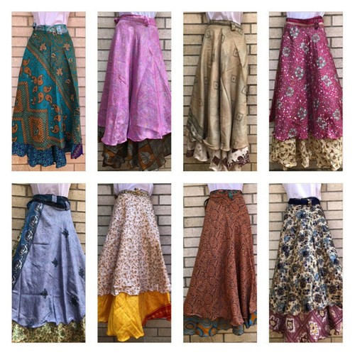 5 PCs Lot Vintage Sari Silk 2 Layer Magic Wrap Around Long Skirts Bohemian