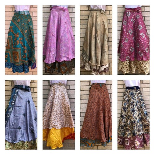 5 PCs Lot Vintage Sari Silk 2 Layer Magic Wrap Around Long Skirts Bohemian - Picture 1 of 8