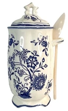Antique Blue Onion 7 In Canister With Spoon Holder Gift Creations Phila PA Japan