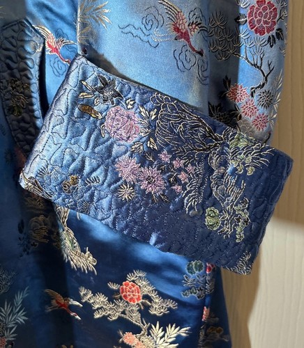 Shanghai China Vintage Blue Embroidered Asian Robe Silk & Satin - Size XL - Picture 6 of 9