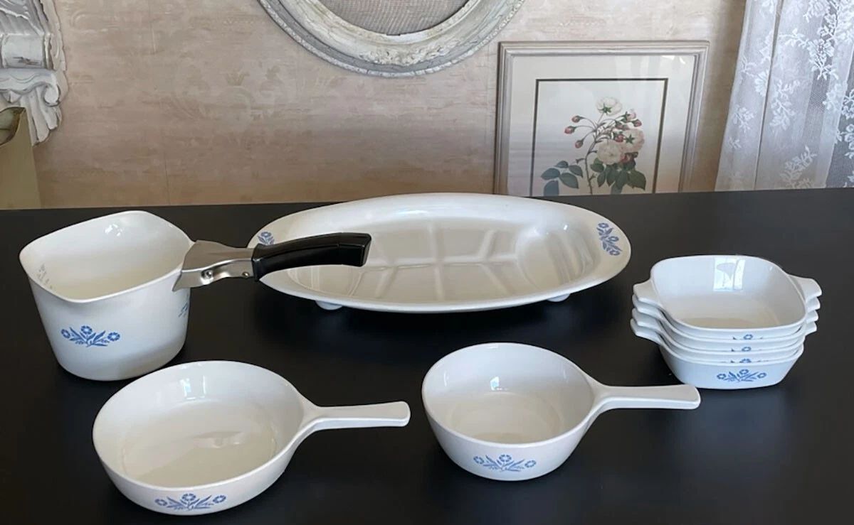 8 Pc Corning Blue Cornflower Casserole Saucepan Skillet Meat Fish Platter Bowl