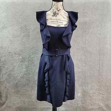 Laundry By Shelli Segal Dress Womens 4 Navy Blue Ruffled Belted Office Career
