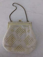 Vintage Purse Evening Bag Small White Gold Beaded Chain Handle