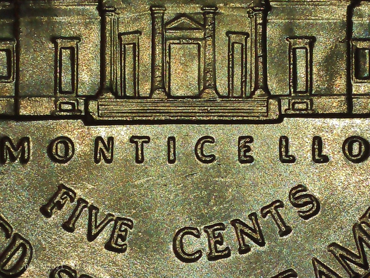 2022-D Jefferson nickel DDO, die chip, scar, five full steps, 5FS