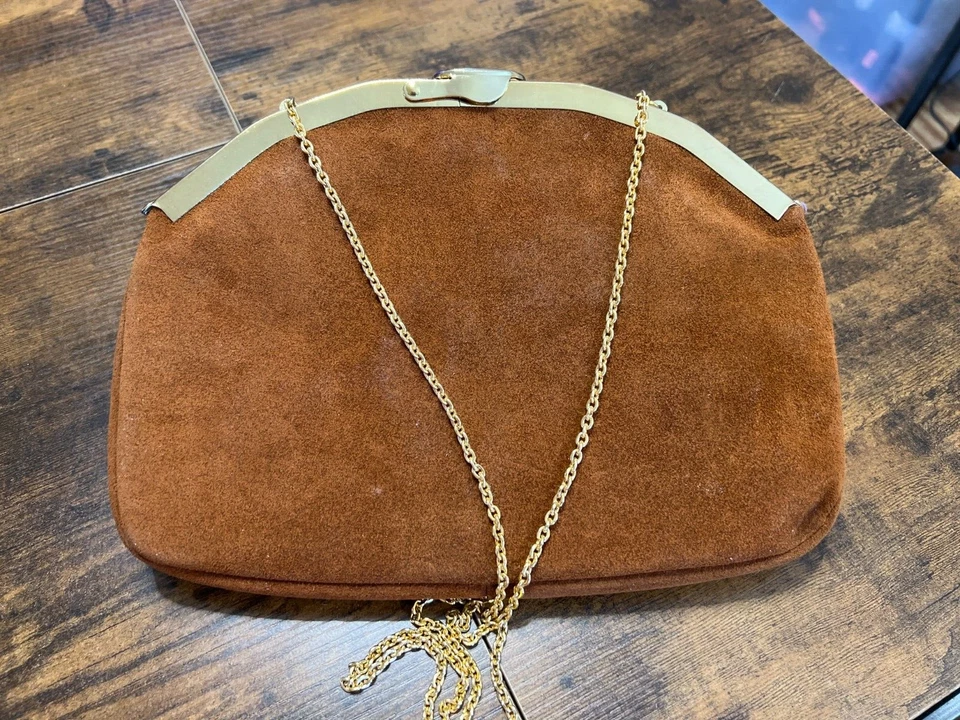 Bolso de noche Etra marrón de gamuza/cuero plegable con bisagras apertura años 60 de colección, en muy buen estado Foto 4 de 4