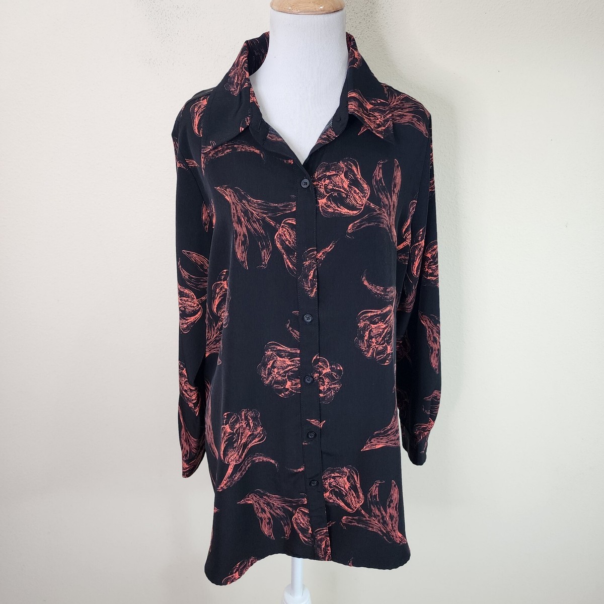 Susan Graver Printed Peachskin Women's Black Coral Floral Button