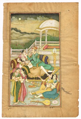 Indianer Miniatur Malerei Of Mughal Kaiser Akbar Mit Damen IN Harem 25.4x38.1cm
