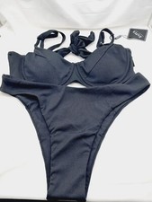 ZAFUL Black Ribbed High Leg Tie Back 2 Piece Bikini Size 8 Womens