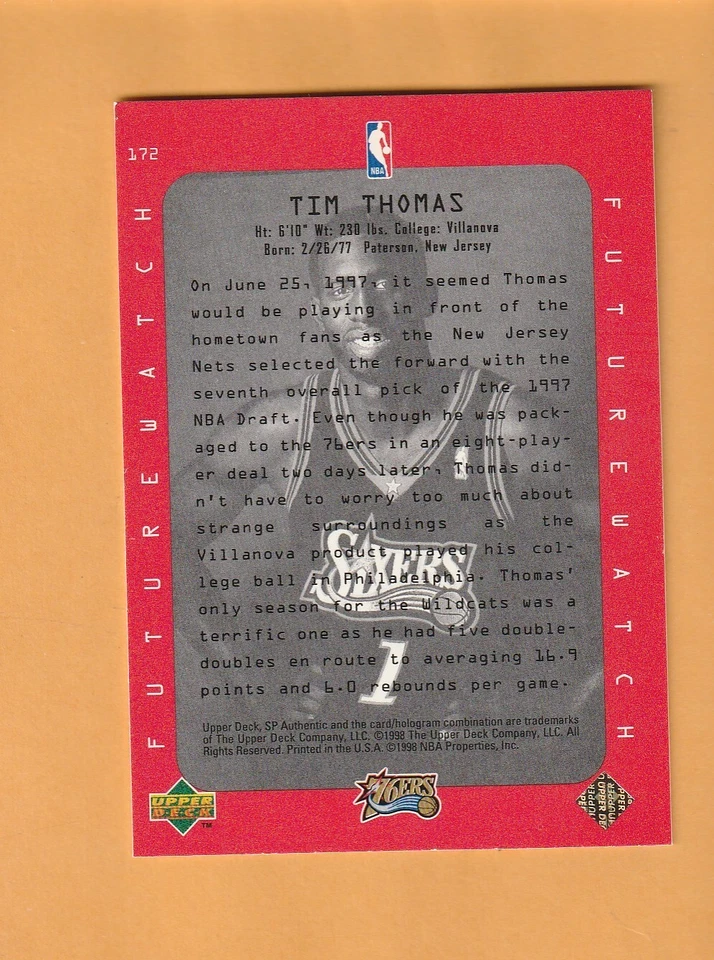Tim Thomas Philadelphia 76ers 1997-98 SP Authentic #172 RC Villanova Wildcats 1W - Image 2 of 2