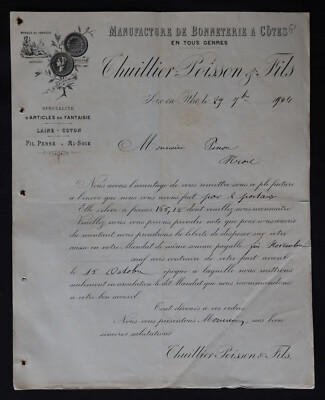 Rechnung 1894 AIX EN OTHE MANUFAKTUR de BONNETERIE THUILLIER FISCH 151