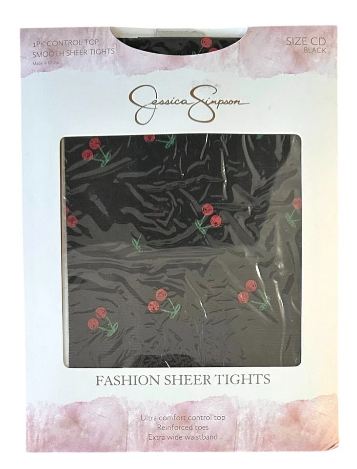 Medias transparentes Jessica Simpson diseño estampado cereza control top talla mediana CD negras Foto 3 de 4