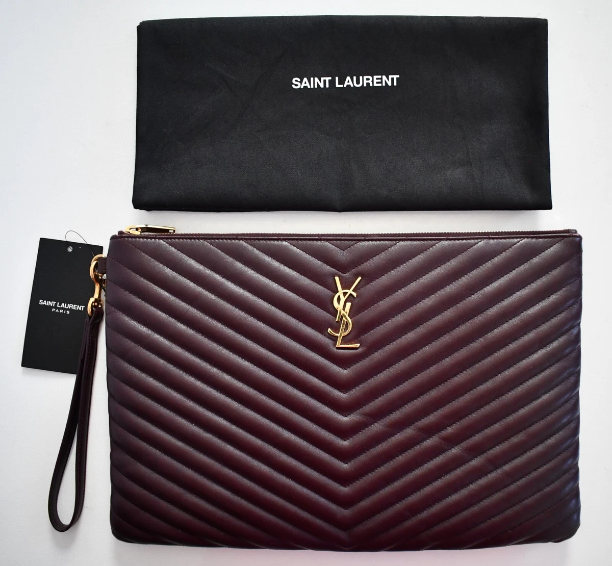 SAINT LAURENT Paris MATELASSE Gold YSL Monogram QUILTED Leather Clutch Bag