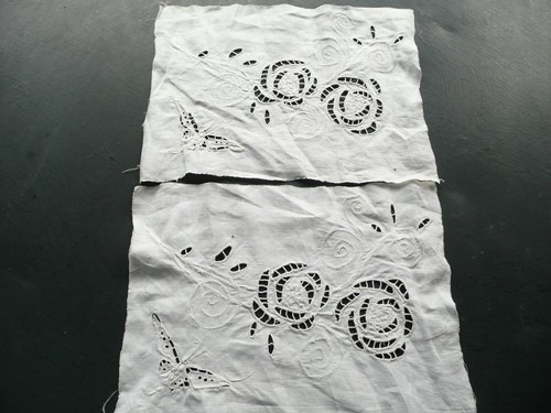 2 broderies ancienne faite main sur lin à décors de fleurs et papillons - Imagen 4 de 4