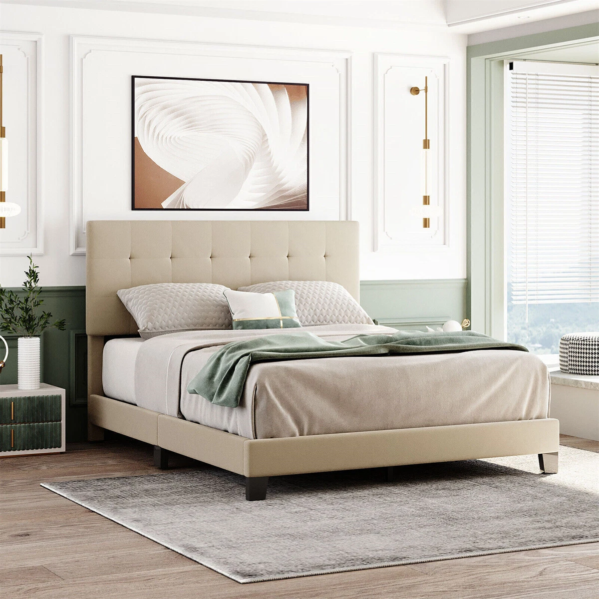 Beige upholstered queen bed frame deals
