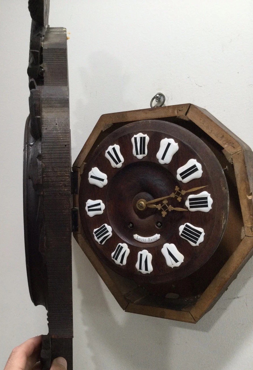 Antique Wood wall French  clock by Louis Nancy Keeping Time In Chiming About1880