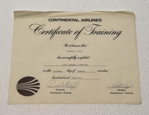 Continental Airlines 1991 Certificate of Training A300 Vintage Airplane Ephemera