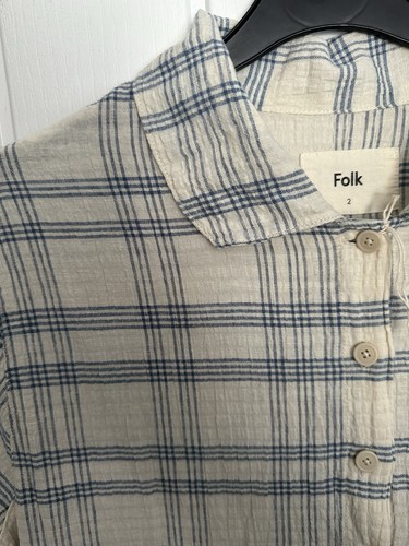 Folk Plaid Check Dress Size 2 UK 10 Blue Cream Linen Cotton blend Short Sleeve - Picture 7 of 15
