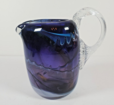 VTG 1995 Jean E Smith Art Glass Pitcher Carafe Blue Purple Swirls Handmade