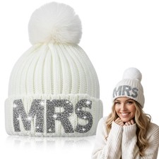 Shihanee Rhinestone Mrs Knitted Beanie Hat with Faux Fur Pom One Size, White