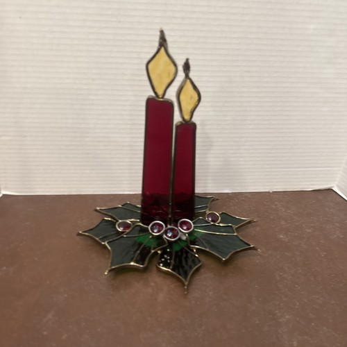 Vintage Holly Candles Stained Glass Christmas Tabletop Suncatcher Decoration