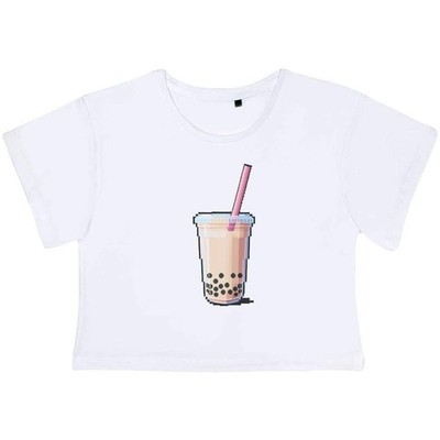 'Pixel Style Bubble Tea' Adult Cotton Crop Top (CO061560)