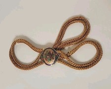 Vintage Gold Silk Rope Cloisonne Red Flower Floral Belt Buckle 36"