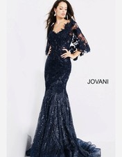Jovani 03158 Lace Evening Gown. Cape Sleeves, Train