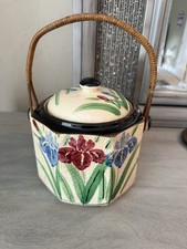 Vintage Biscuit Basket Made In JAPAN Satsuma Ware Hand Painted Rattan Handle