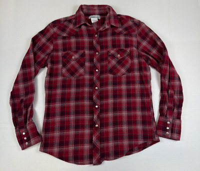 Wrangler Wrancher Men M Red Plaid Flannel Pearl Snap Western Work Shirt Cotton