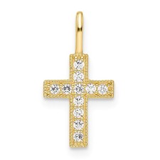 14k Yellow Gold Roudn Cut Cubic Zirconia Tiny Cross Charm Pendant 0.48gm